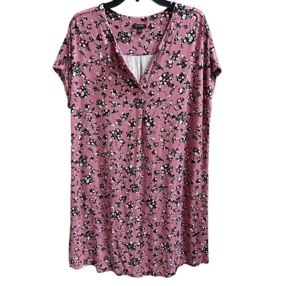 J Jill Wearever Collection Sz 1X Mauve Black Floral Shift Dress Stretchy Casual